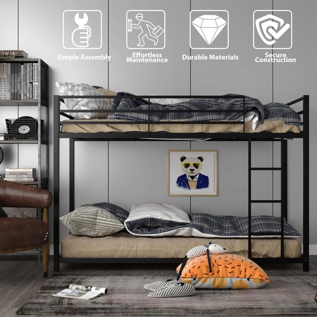 Metal Bunk Bed Twin Over Twin, Classic Bunk Bed Frame with Safety Guard Rails & Side Ladder