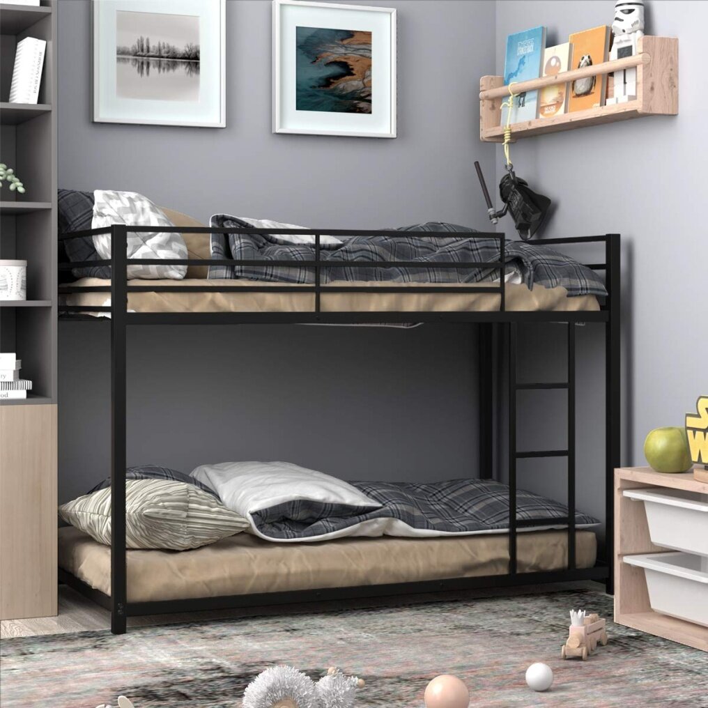 Metal Bunk Bed Twin Over Twin, Classic Bunk Bed Frame with Safety Guard Rails & Side Ladder