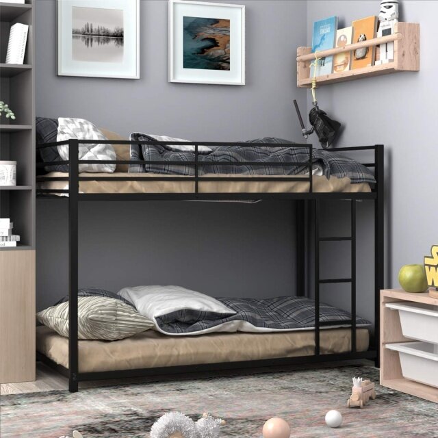 Metal Bunk Bed Twin Over Twin, Classic Bunk Bed Frame with Safety Guard Rails & Side Ladder