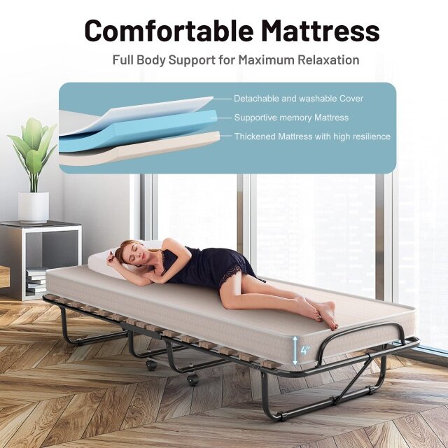 Portable Rollaway Bed with 4" Beige Memory Foam Mattress for Adults and Guests
