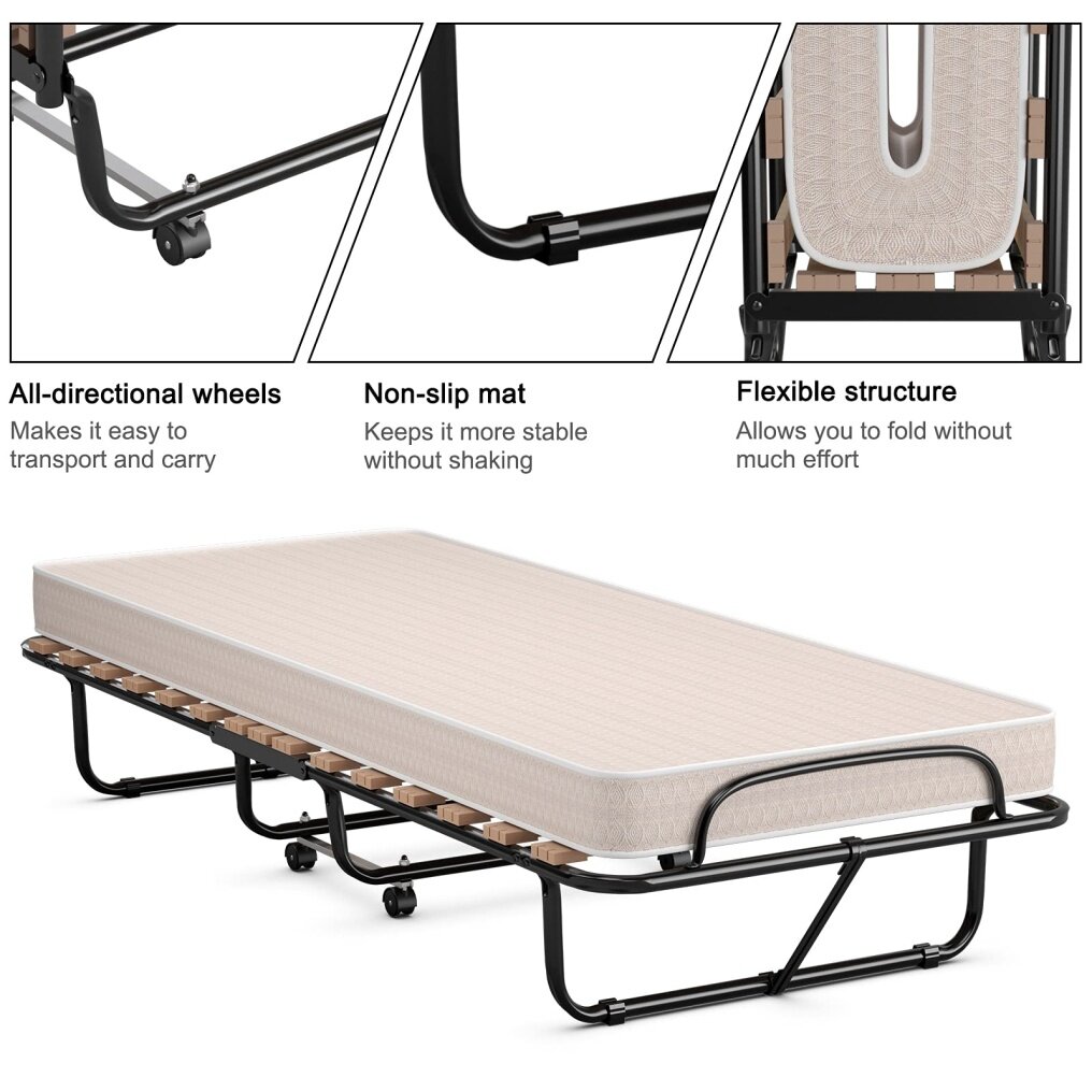 Portable Rollaway Bed with 4" Beige Memory Foam Mattress for Adults and Guests