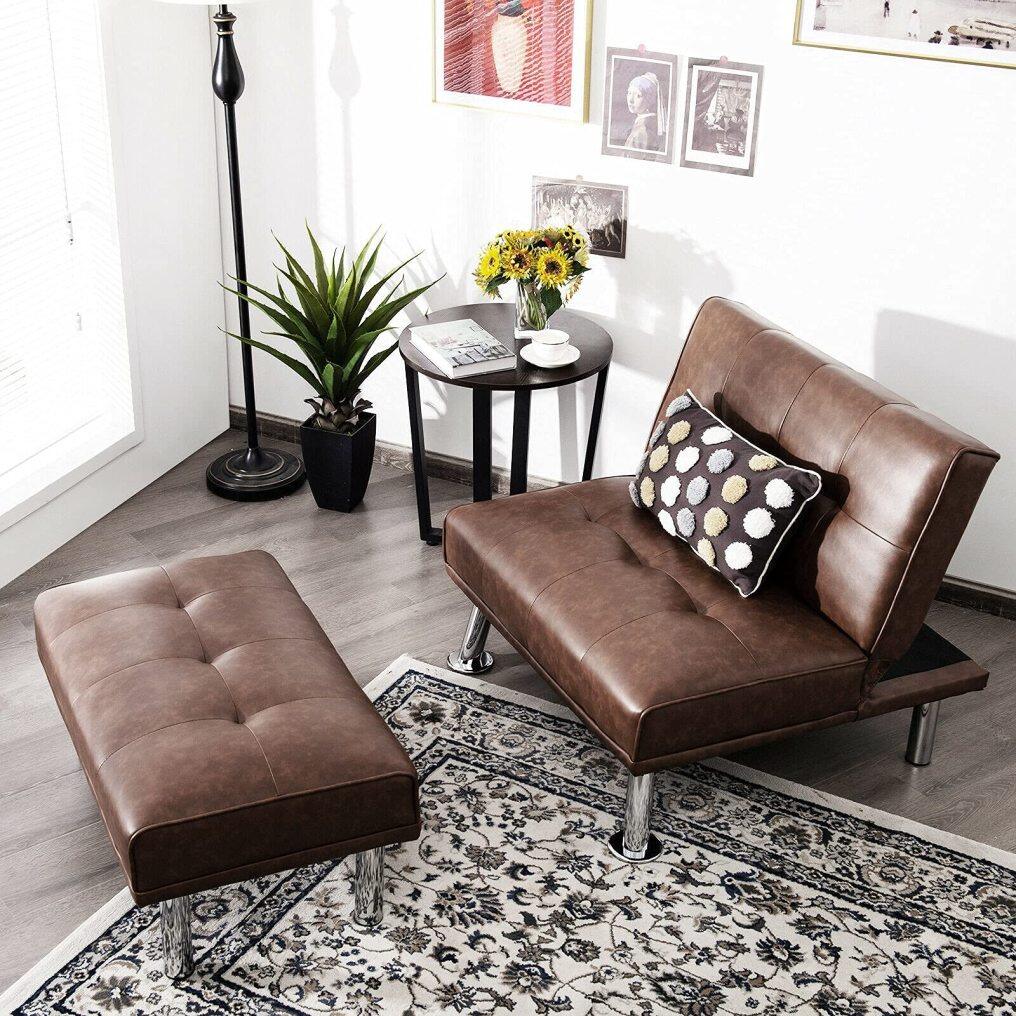Soft PU Leather Convertible Single Sofa with Extra Ottoman