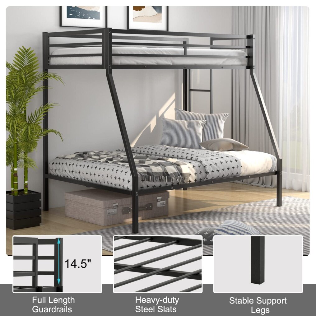 KOMFOTT Metal Bunk Bed Twin-Over-Full, Heavy Duty Metal Bed Frame with Safety Rail & Ladder