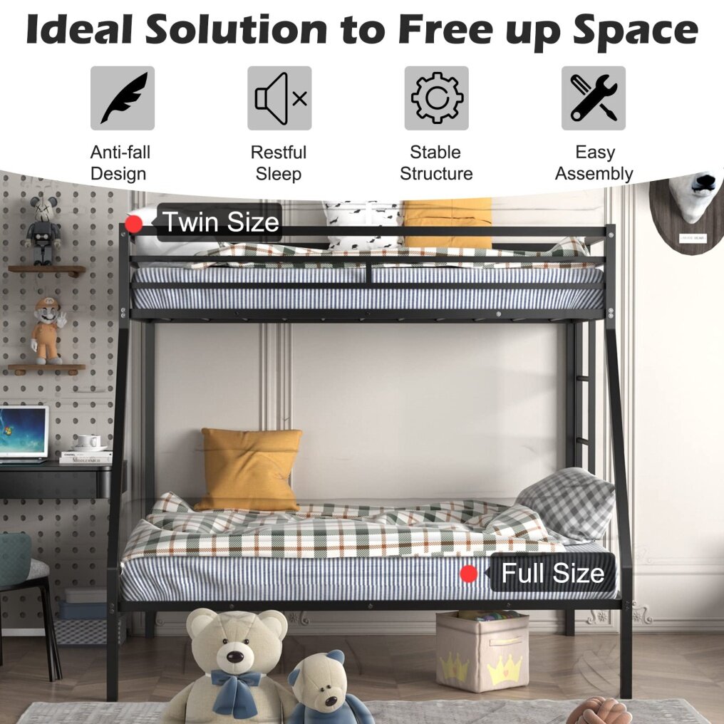 KOMFOTT Metal Bunk Bed Twin-Over-Full, Heavy Duty Metal Bed Frame with Safety Rail & Ladder