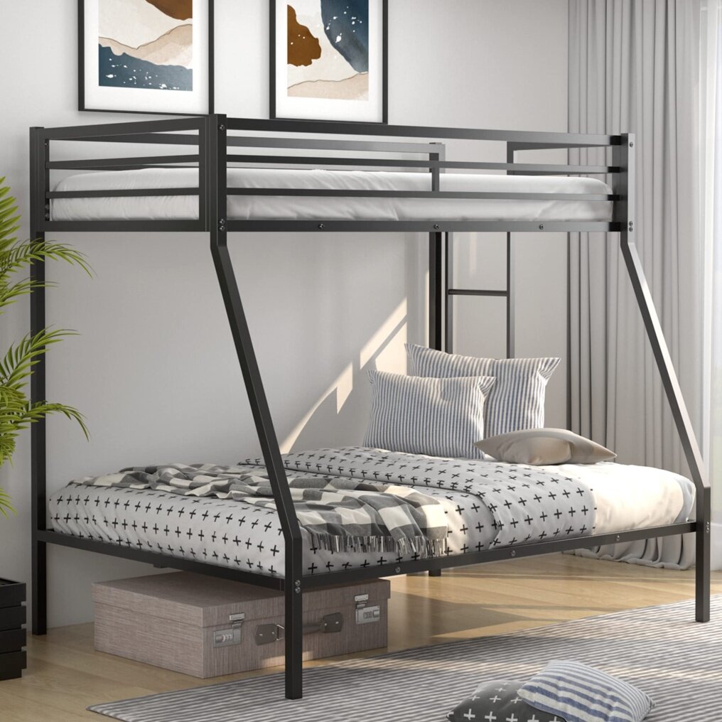 KOMFOTT Metal Bunk Bed Twin-Over-Full, Heavy Duty Metal Bed Frame with Safety Rail & Ladder