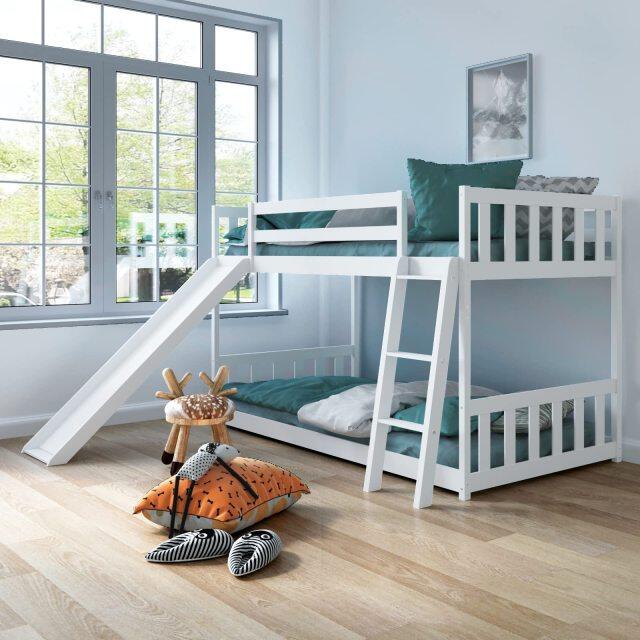 KOMFOTT Wood Bunk Bed Twin Over Twin, Bunk Bed Frame w/ Convertible Slide, Inclined Ladder & Safety Guardrails for Kids