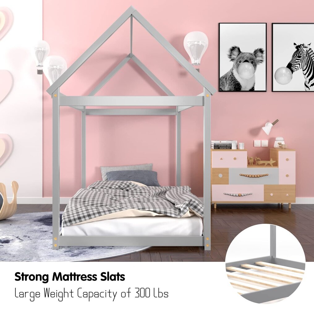 KOMFOTT Twin House Bed Frame for Kids, Solid Wood Kids Platform Floor Bed with Roof & Multiple Slats