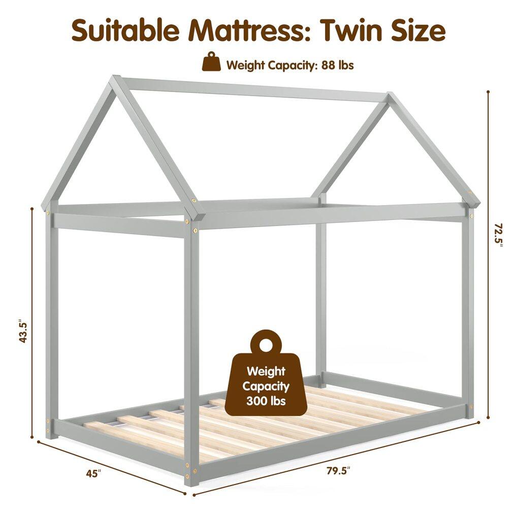 KOMFOTT Twin House Bed Frame for Kids, Solid Wood Kids Platform Floor Bed with Roof & Multiple Slats