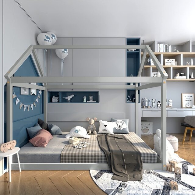 KOMFOTT Twin House Bed Frame for Kids, Solid Wood Kids Platform Floor Bed with Roof & Multiple Slats