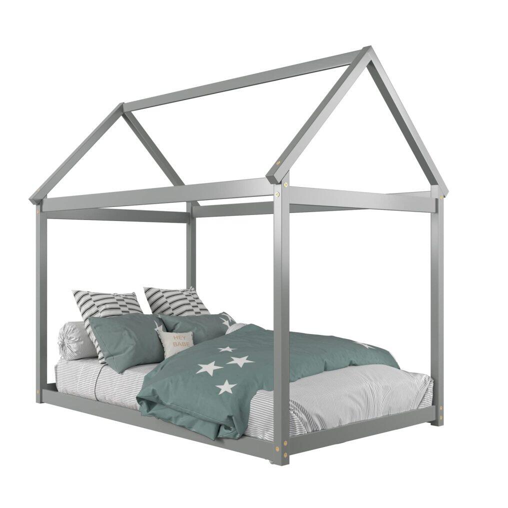 KOMFOTT Twin House Bed Frame for Kids, Solid Wood Kids Platform Floor Bed with Roof & Multiple Slats
