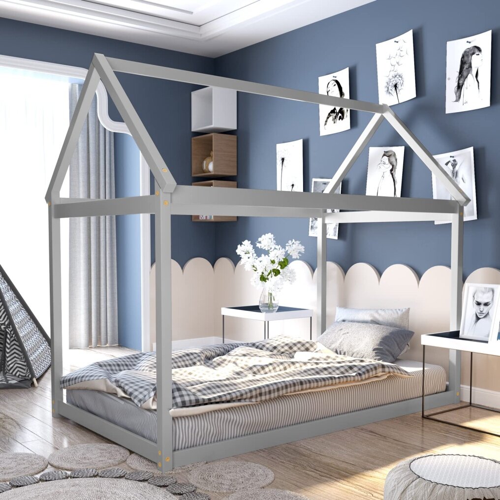 KOMFOTT Twin House Bed Frame for Kids, Solid Wood Kids Platform Floor Bed with Roof & Multiple Slats