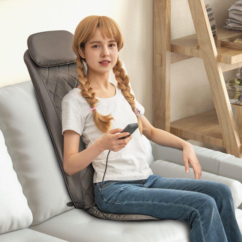 Back Massager Chair Pad - Massage Seat Cushion with Heat & Vibration, Removable Neck Pillow & Back Flap