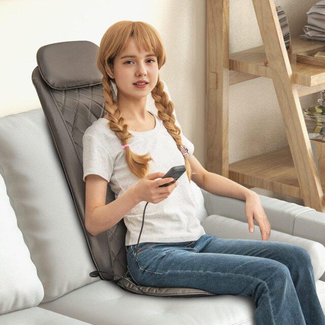 Back Massager Chair Pad - Massage Seat Cushion with Heat & Vibration, Removable Neck Pillow & Back Flap