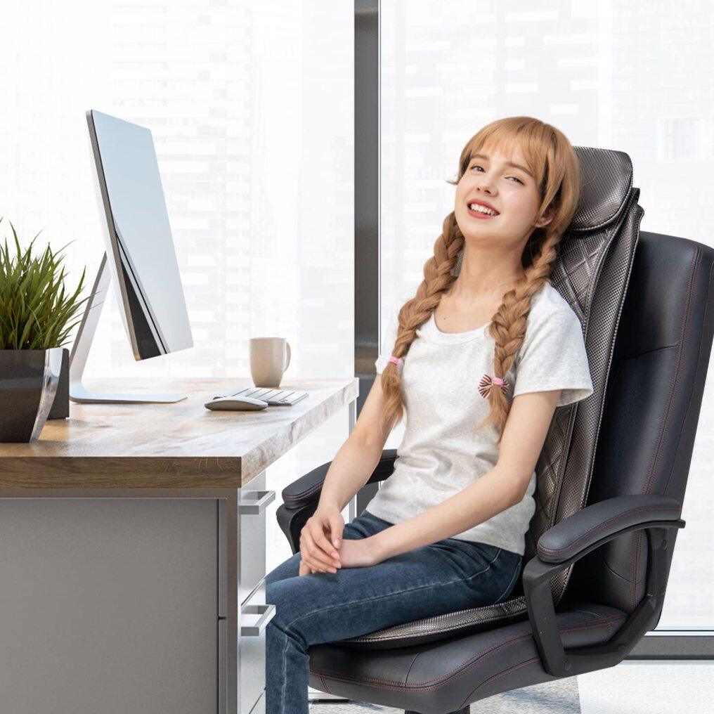 Back Massager Chair Pad - Massage Seat Cushion with Heat & Vibration, Removable Neck Pillow & Back Flap