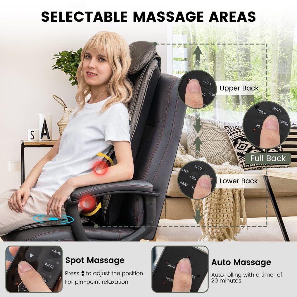 Back Massager Chair Pad - Massage Seat Cushion with Heat & Vibration, Removable Neck Pillow & Back Flap