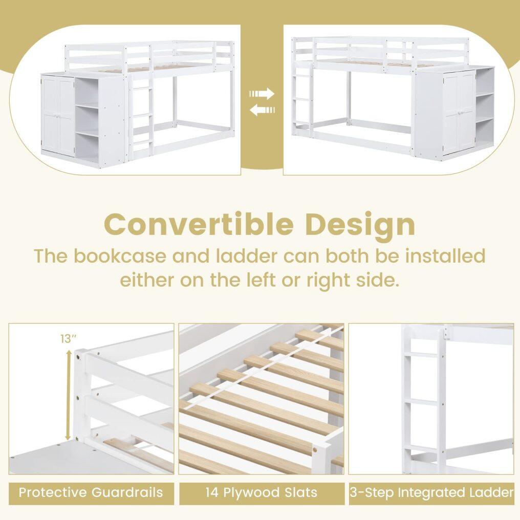 KOMFOTT Twin Over Twin Low Bunk Bed with Storage Cabinet & Shelves