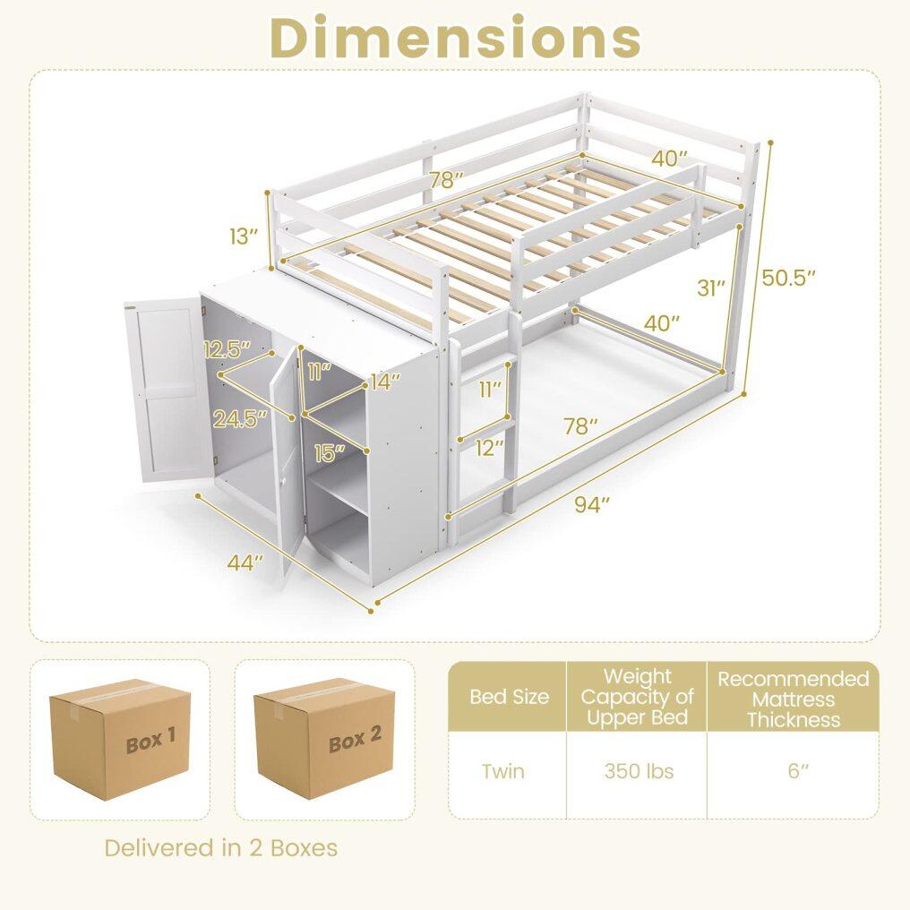 KOMFOTT Twin Over Twin Low Bunk Bed with Storage Cabinet & Shelves