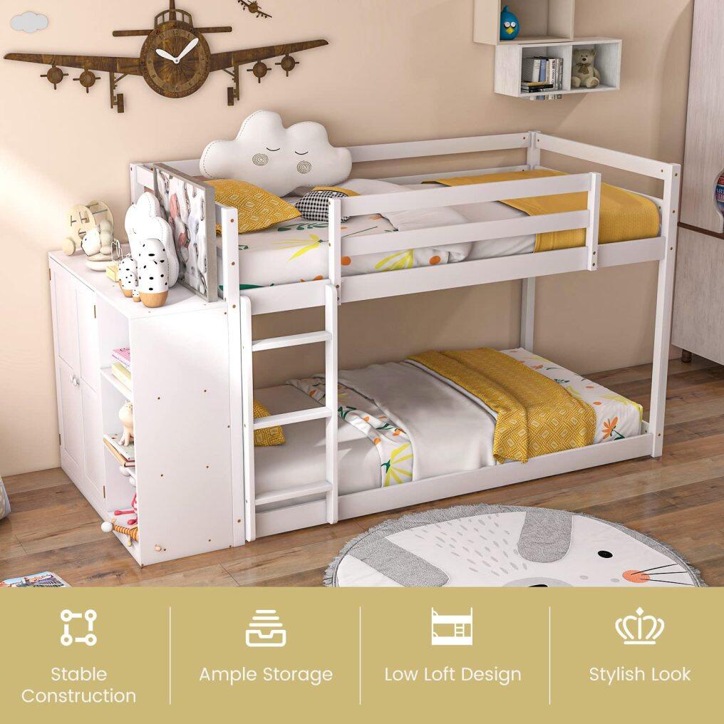 KOMFOTT Twin Over Twin Low Bunk Bed with Storage Cabinet & Shelves
