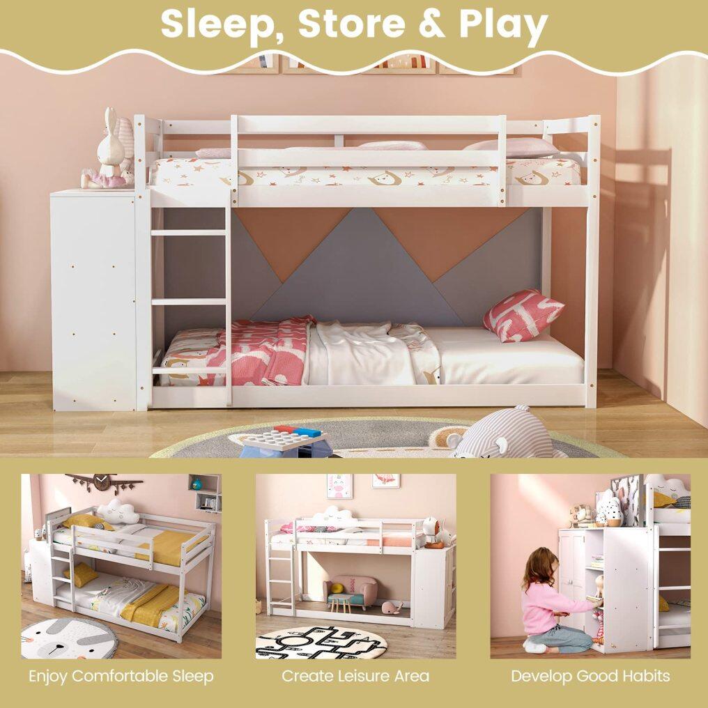 KOMFOTT Twin Over Twin Low Bunk Bed with Storage Cabinet & Shelves