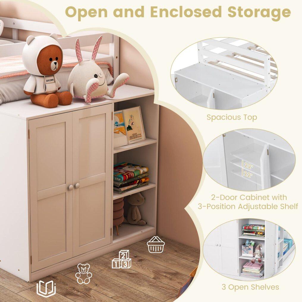 KOMFOTT Twin Over Twin Low Bunk Bed with Storage Cabinet & Shelves