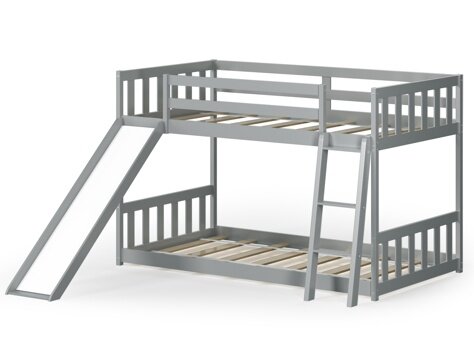 KOMFOTT Wood Bunk Bed Twin Over Twin, Bunk Bed Frame w/ Convertible Slide, Inclined Ladder & Safety Guardrails for Kids
