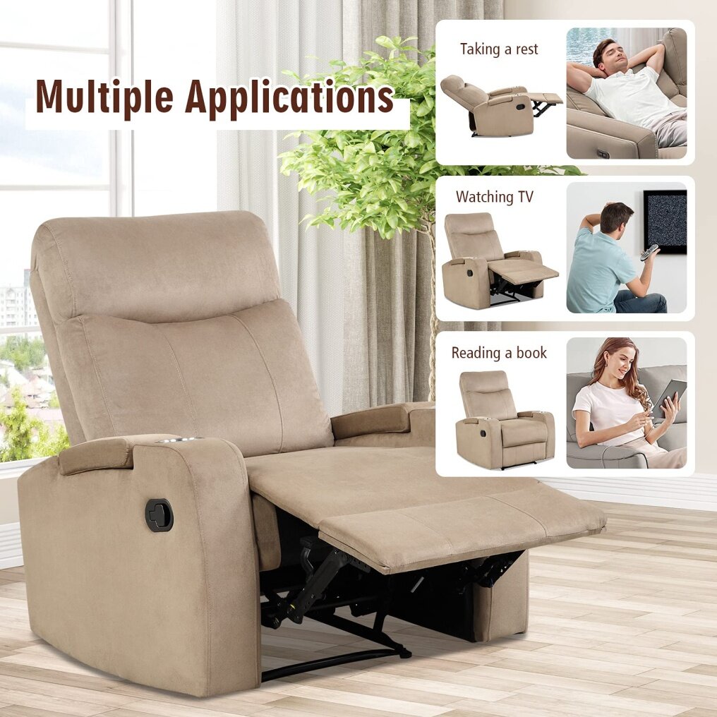 Komfott Manual Fabric Recliner Chair, Backrest Adjustable Reading Reclining Chair with 2 Cup Holders and Armrest Hidden Storage