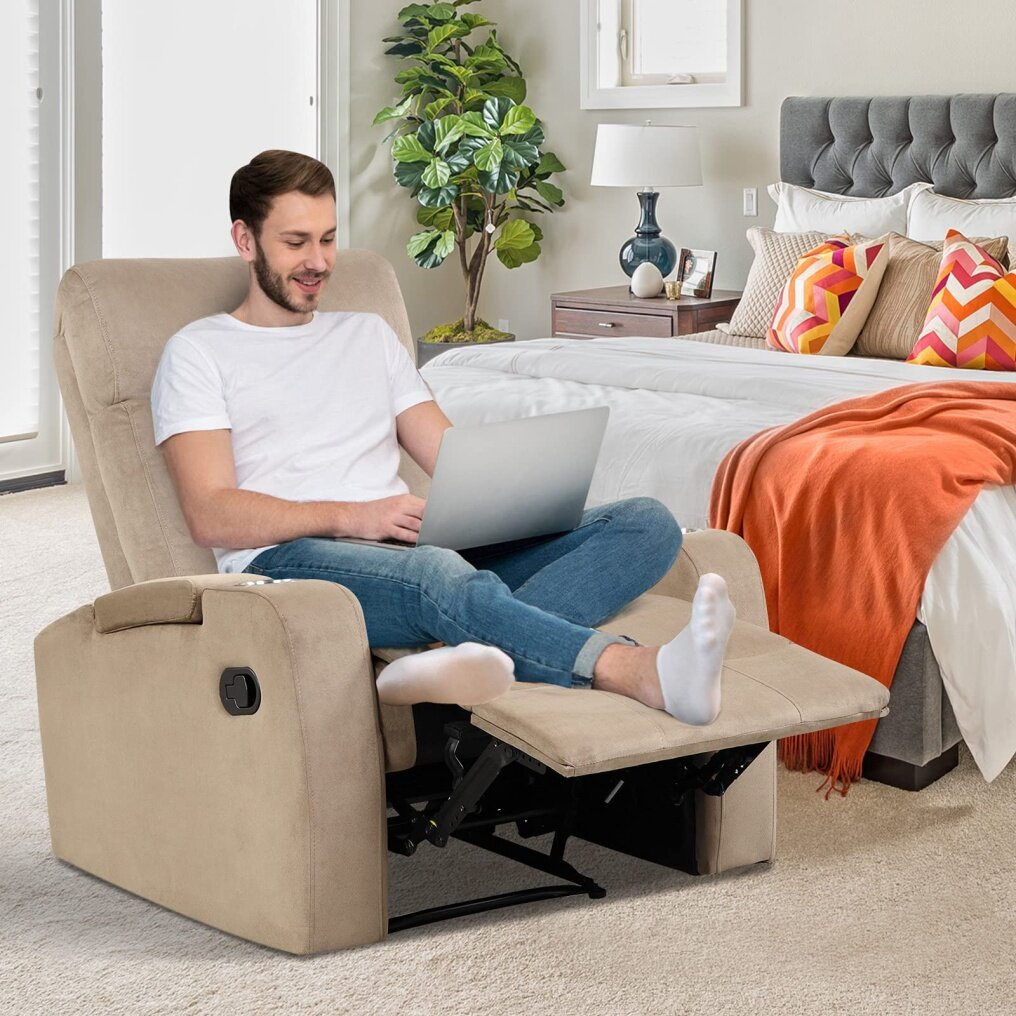 Komfott Manual Fabric Recliner Chair, Backrest Adjustable Reading Reclining Chair with 2 Cup Holders and Armrest Hidden Storage