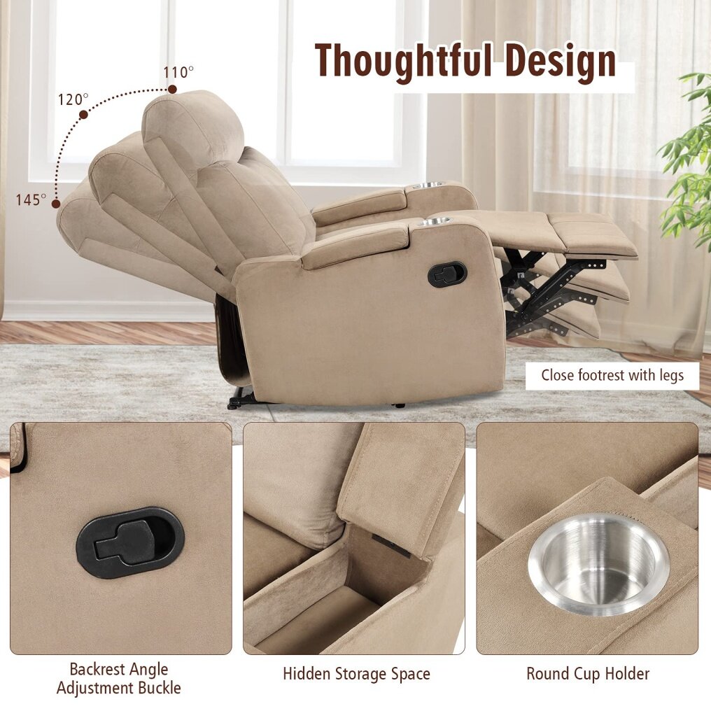 Komfott Manual Fabric Recliner Chair, Backrest Adjustable Reading Reclining Chair with 2 Cup Holders and Armrest Hidden Storage