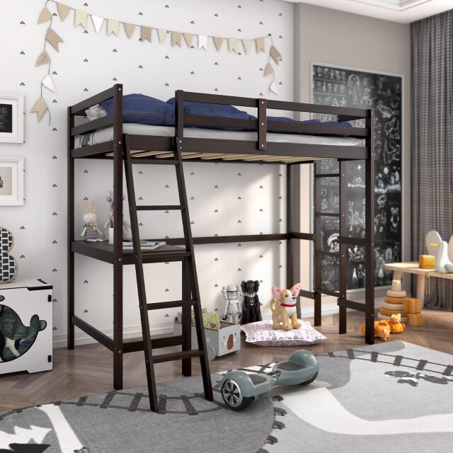 KOMFOTT Twin Loft Bed with Desk, Solid Wood Loft Bed Frame with 2 Ladders, Safety Guardrail for Teenagers and Adults
