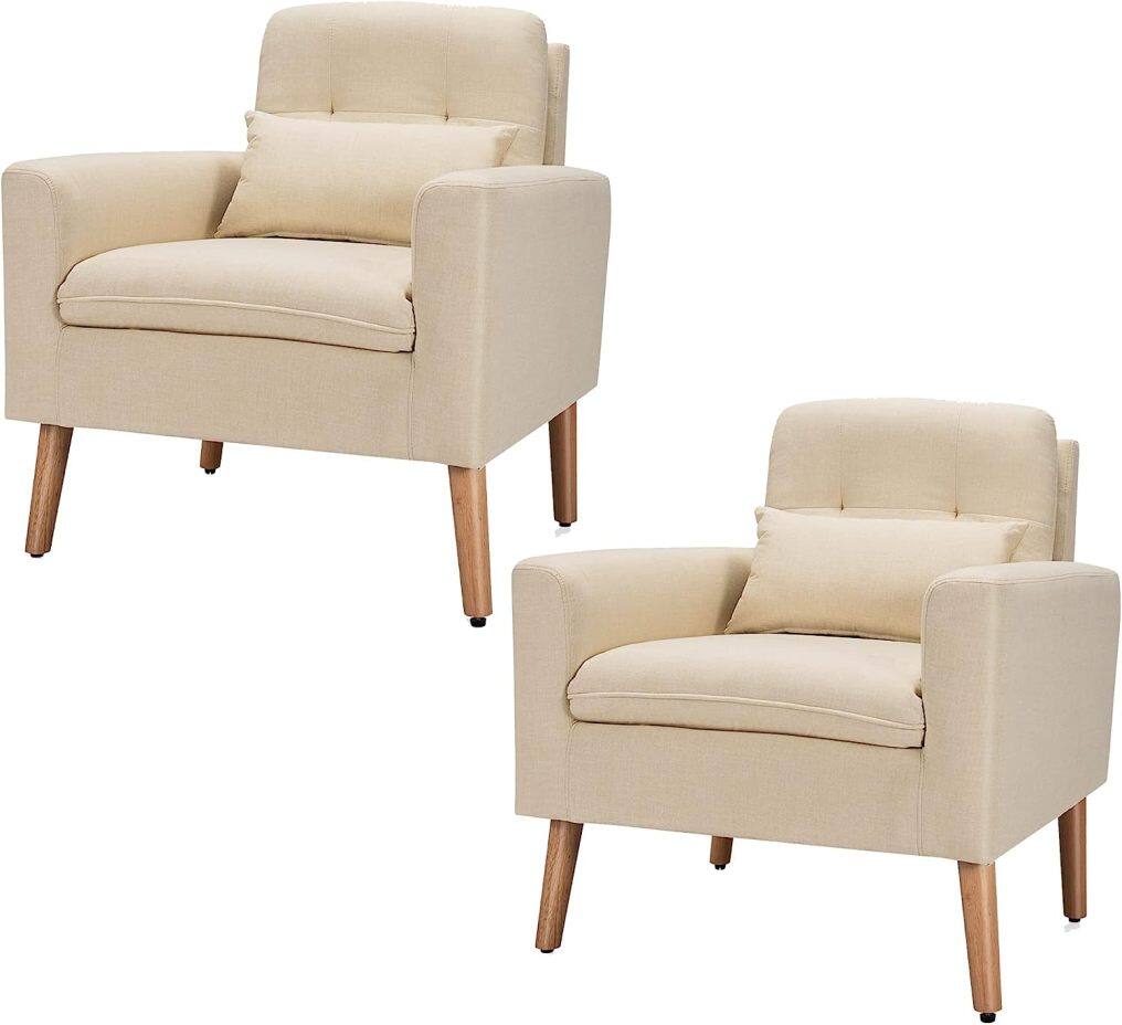 Upholstered Accent Chair, Linen Fabric Single Sofa Armchair w/Waist Pillow
