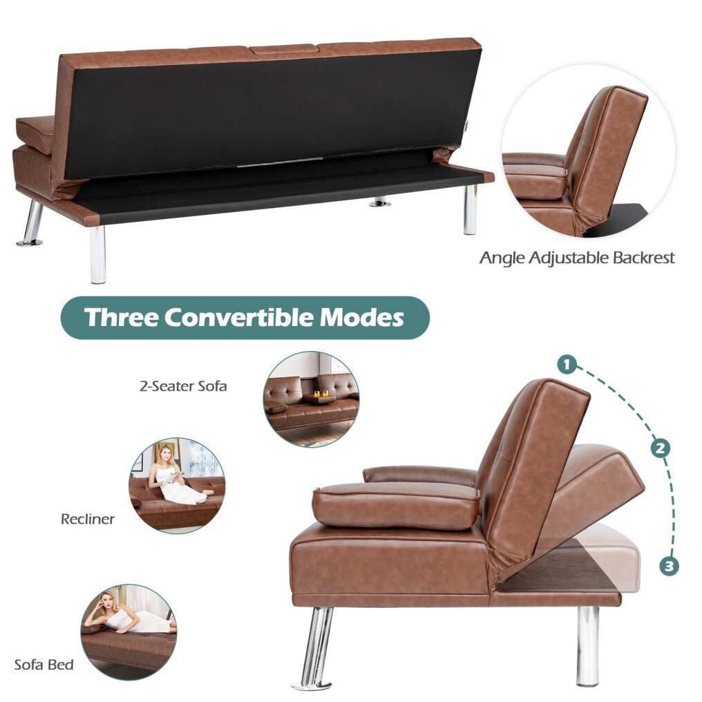 Convertible Futon Sofa Bed with Removable Armrests 2 Cup Holders for Guest