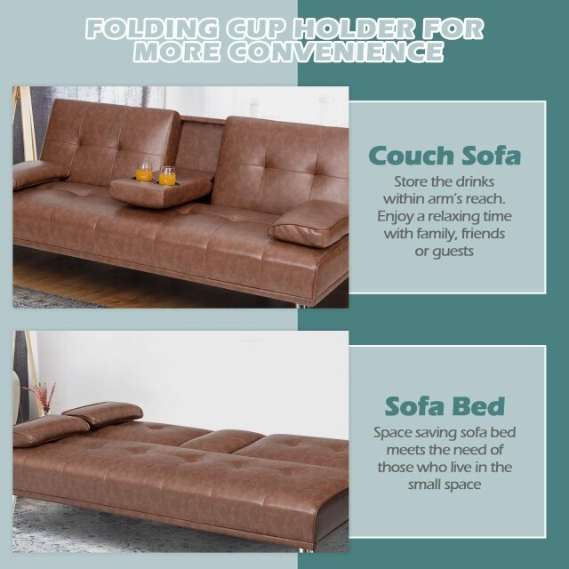 Convertible Futon Sofa Bed with Removable Armrests 2 Cup Holders for Guest