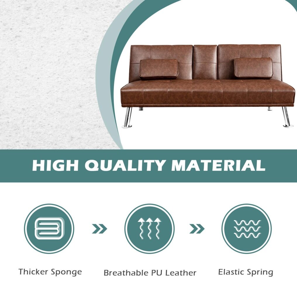 Convertible Futon Sofa Bed with Removable Armrests 2 Cup Holders for Guest