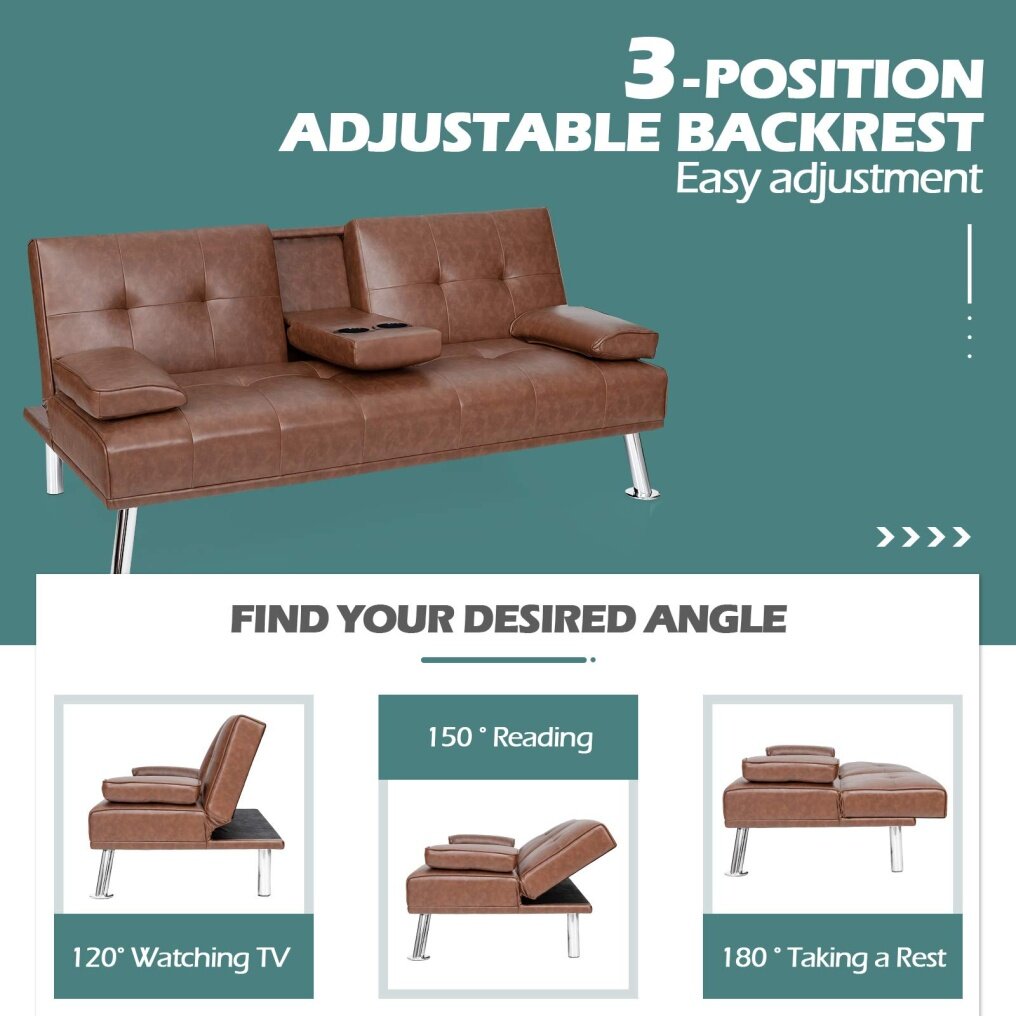 Convertible Futon Sofa Bed with Removable Armrests 2 Cup Holders for Guest