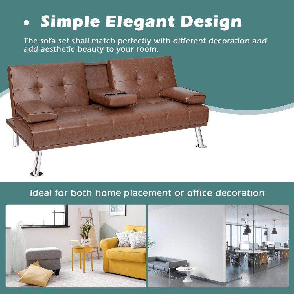 Convertible Futon Sofa Bed with Removable Armrests 2 Cup Holders for Guest
