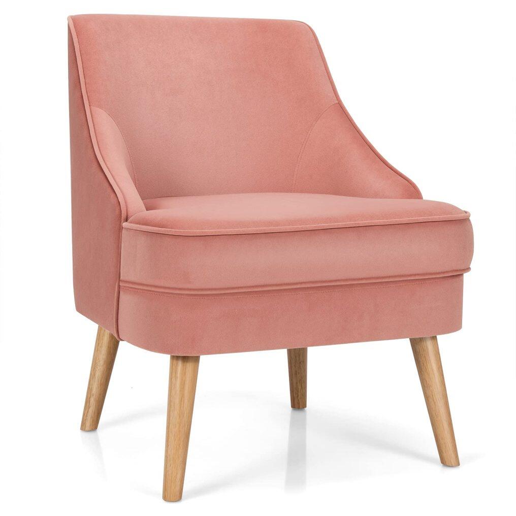 Velvet Accent Chair, Mid Century Single Sofa Chair w/Rubber Wood Legs, Comfy Slipper Chair