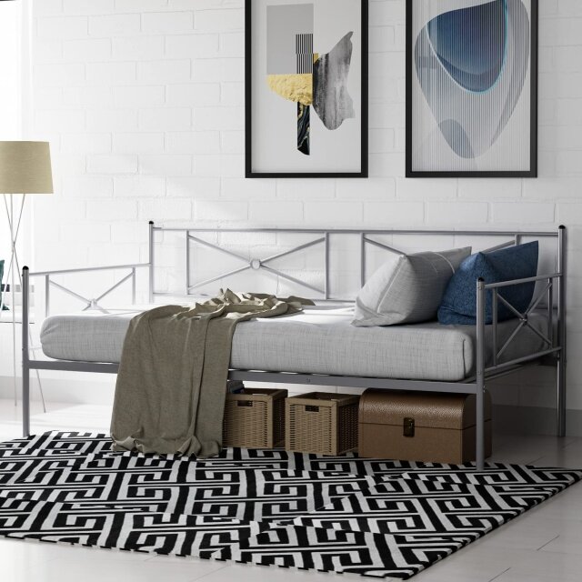 KOMFOTT Metal Daybed Frame, Twin Bed Frame with Steel Slats Support, Sofa Mattress Foundation with Headboard