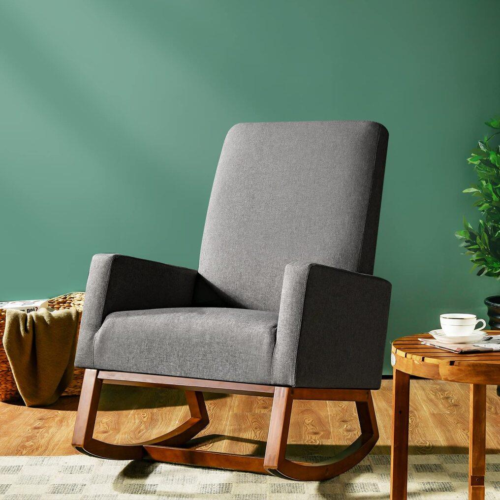 Rocking Chair High Back Upholstered Lounge Armchair w/Side Pocket