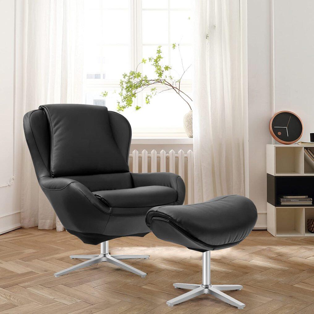 360 Swivel Leather Lounge Chair with Ottoman | Full Grain Recliner Leisure Armchair