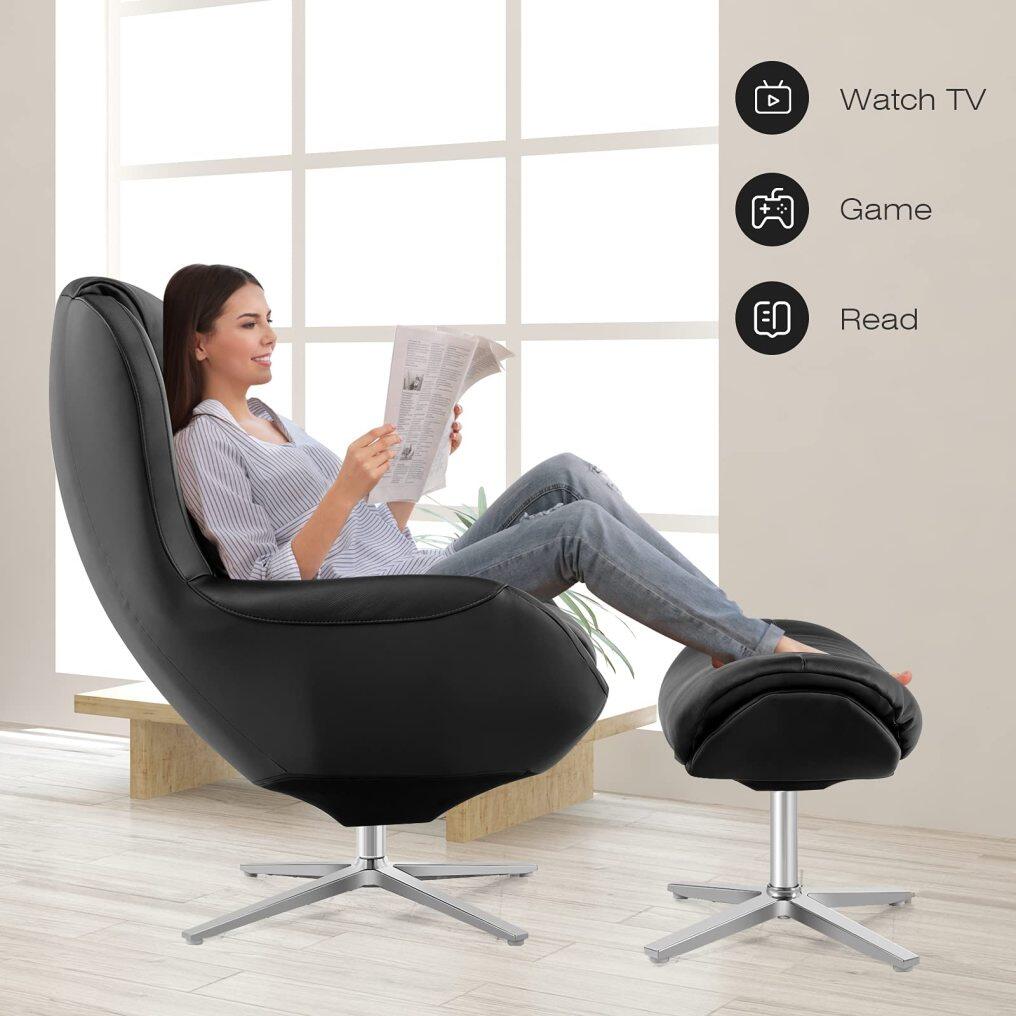 360 Swivel Leather Lounge Chair with Ottoman | Full Grain Recliner Leisure Armchair