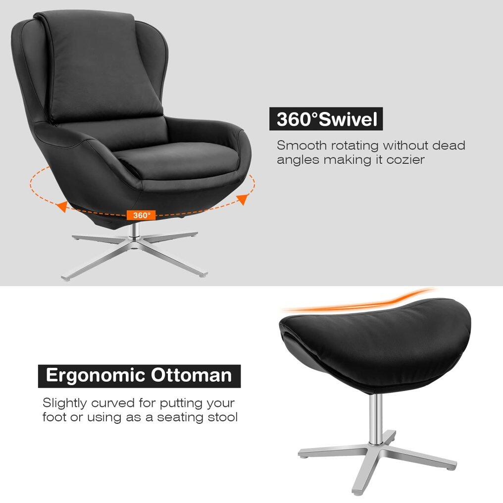360 Swivel Leather Lounge Chair with Ottoman | Full Grain Recliner Leisure Armchair