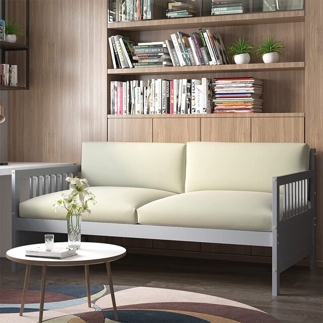 KOMFOTT Futon Daybed Wooden Bed Frame Twin Size Sturdy Wood Bed Slats Safety Armrest