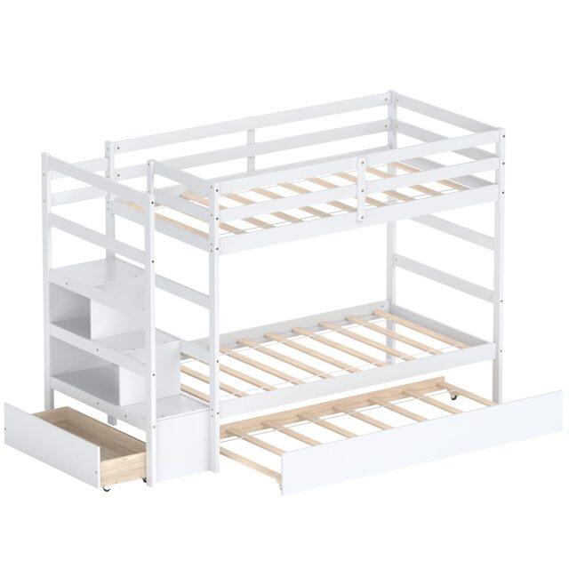 KOMFOTT Twin Over Twin Bunk Bed with Trundle & Staircase, Wooden Bunk Bed Frame with Storage Shelves & Drawer