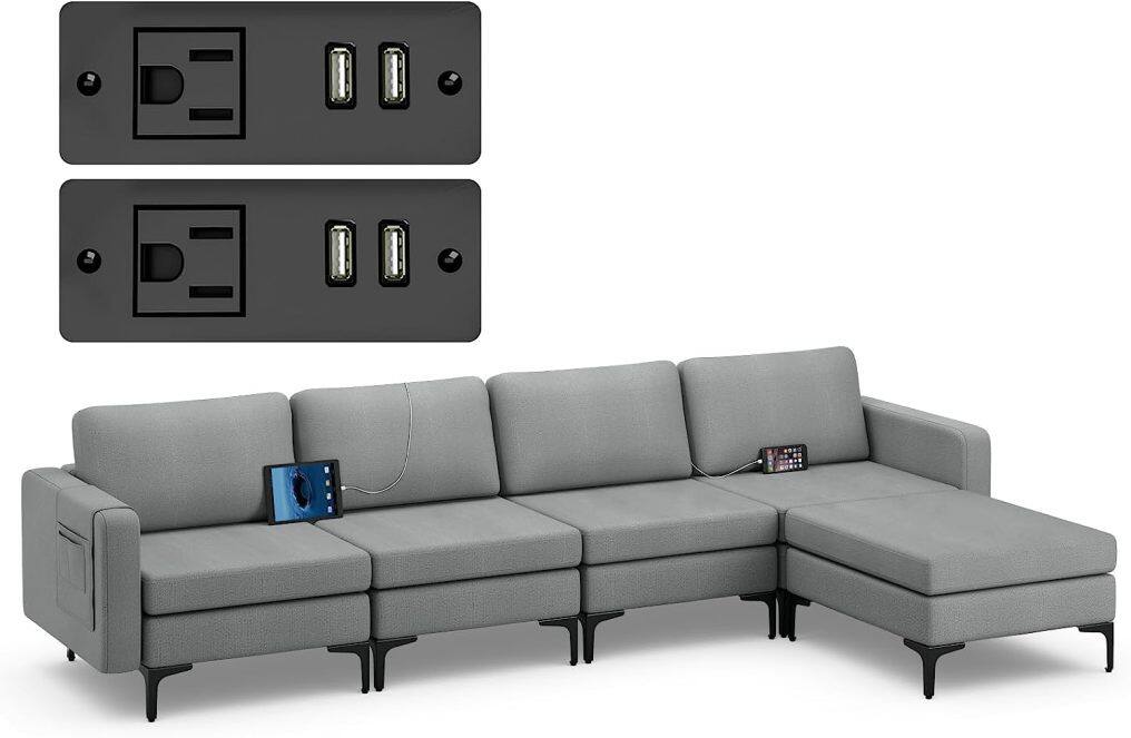 Modern Oversized Modular Sectional Sofa, 4-Seat Fabric Chaise Lounge Sleeper with Built-in Sockets & USB Ports