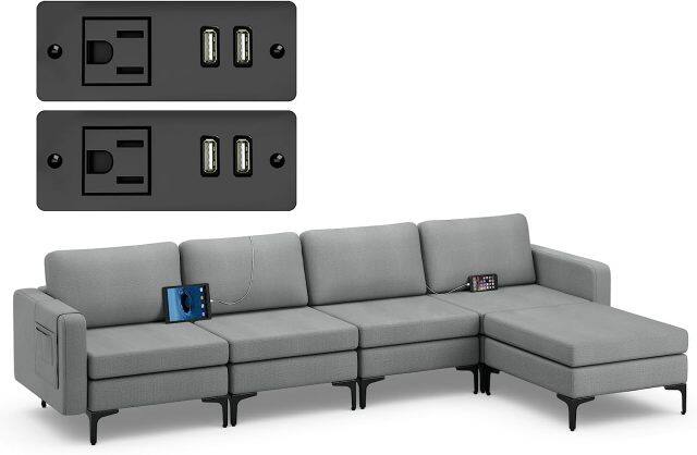 Modern Oversized Modular Sectional Sofa, 4-Seat Fabric Chaise Lounge Sleeper with Built-in Sockets & USB Ports