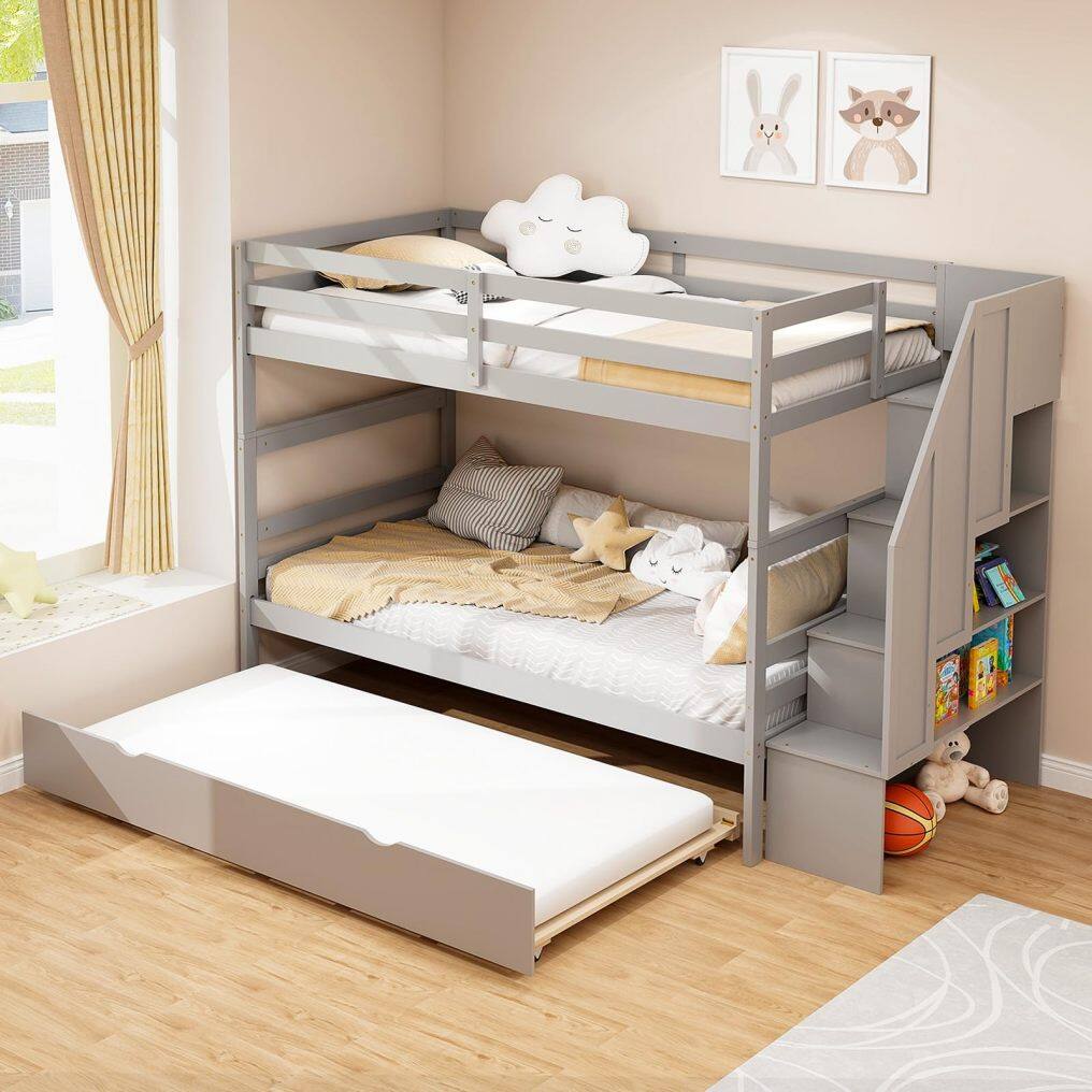 KOMFOTT Wood Twin Over Twin Bunk Bed with Trundle & Storage Stairs