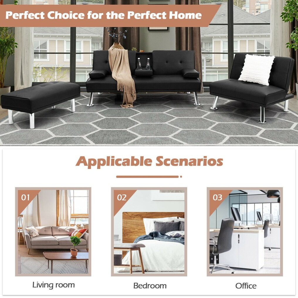 L-Shape 3 Pieces Convertible Sectional Sofa Set with Cup Holders and Ottoman