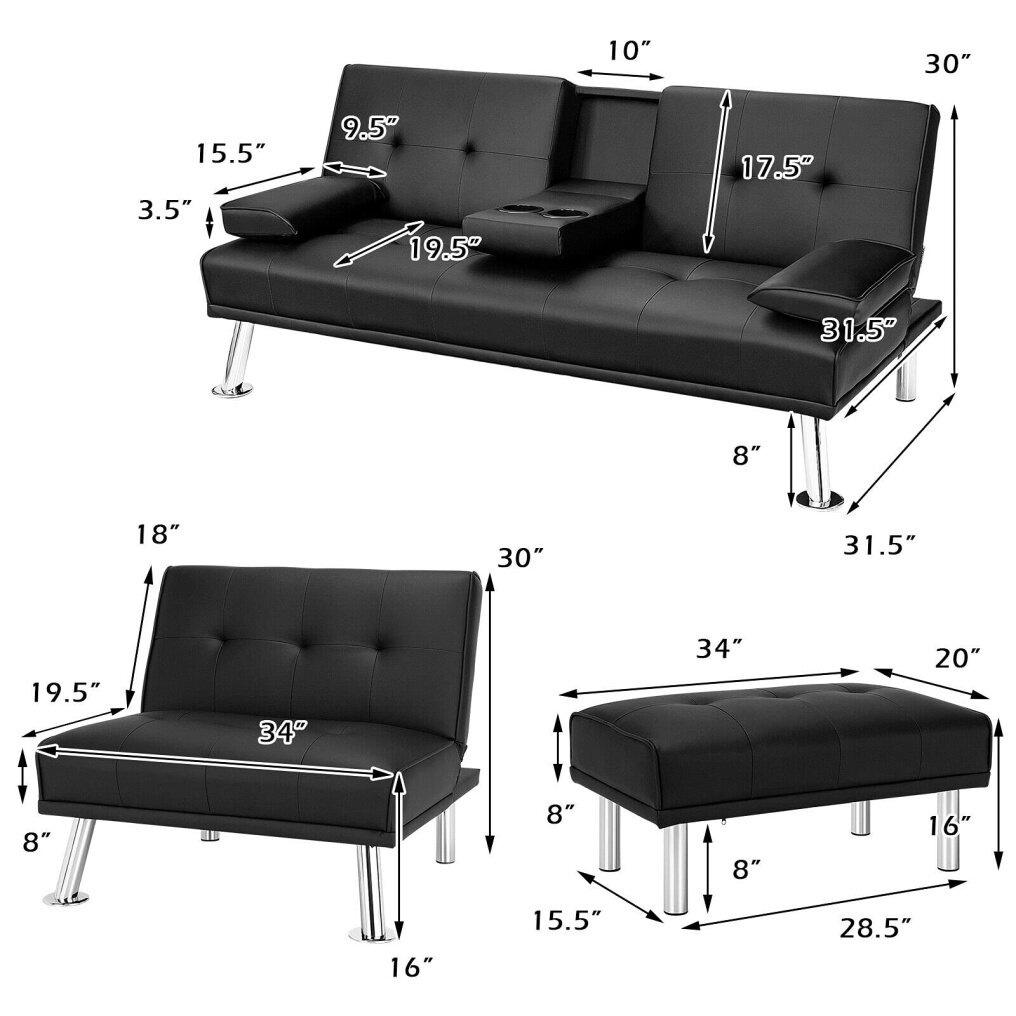 L-Shape 3 Pieces Convertible Sectional Sofa Set with Cup Holders and Ottoman