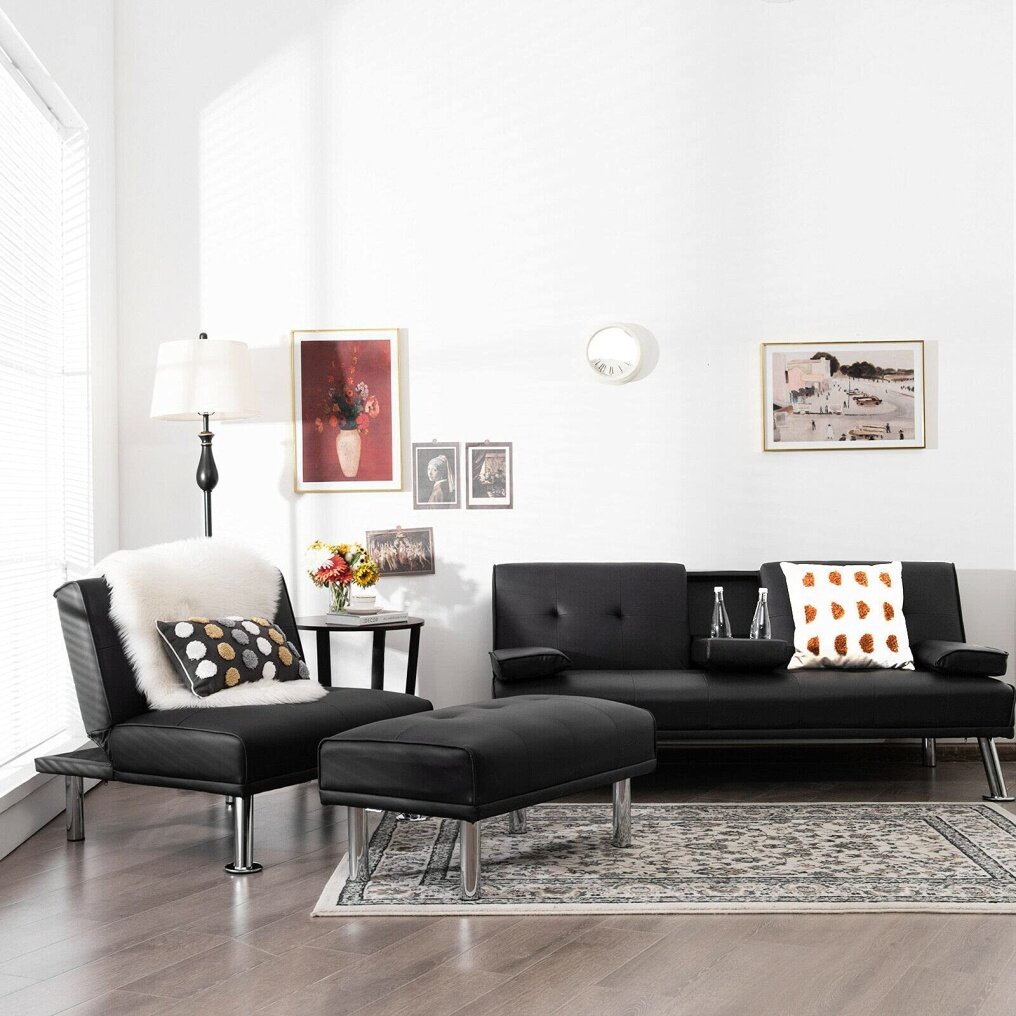 L-Shape 3 Pieces Convertible Sectional Sofa Set with Cup Holders and Ottoman