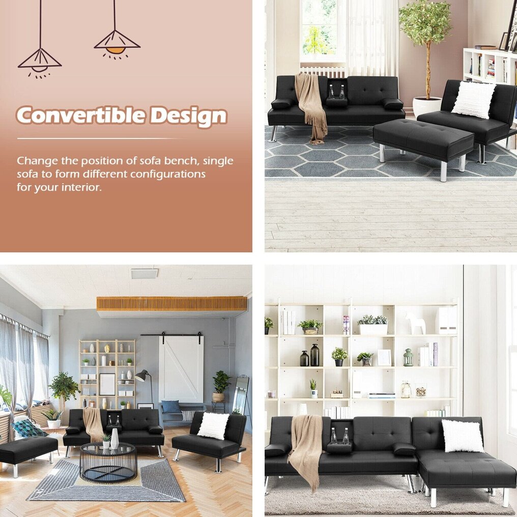 L-Shape 3 Pieces Convertible Sectional Sofa Set with Cup Holders and Ottoman